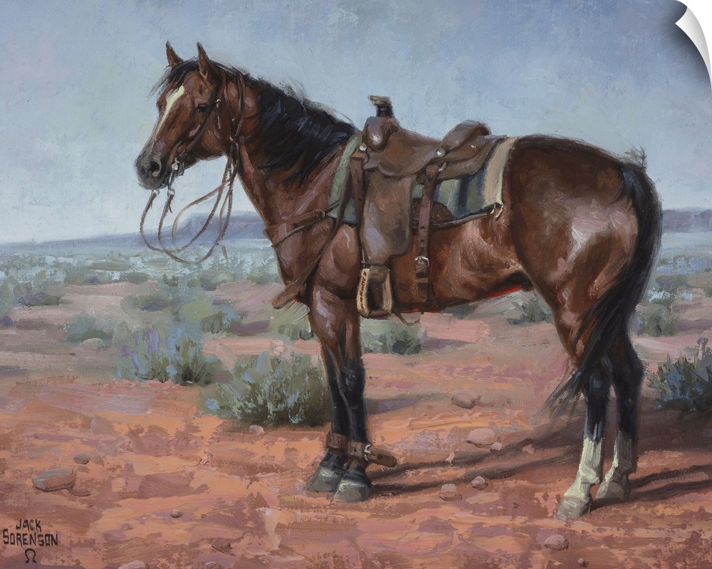 Contemporary painting of a horse with a bridle and saddle standing in a desert landscape.
