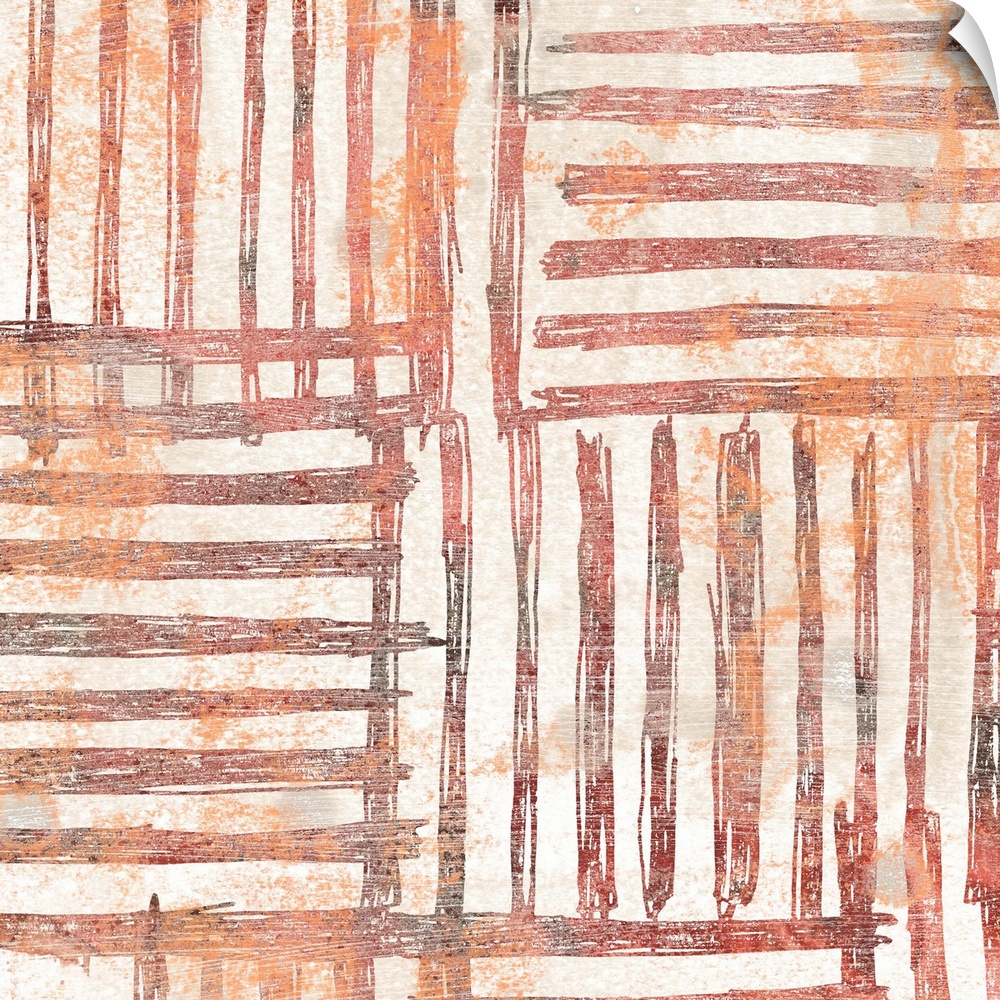 Contemporary patterned painting in earth tones and orange-red hues.
