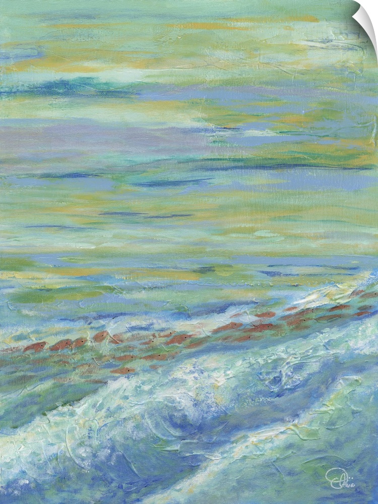Contemporary artwork of the ocean with shallow waves, under a cloudy sky.