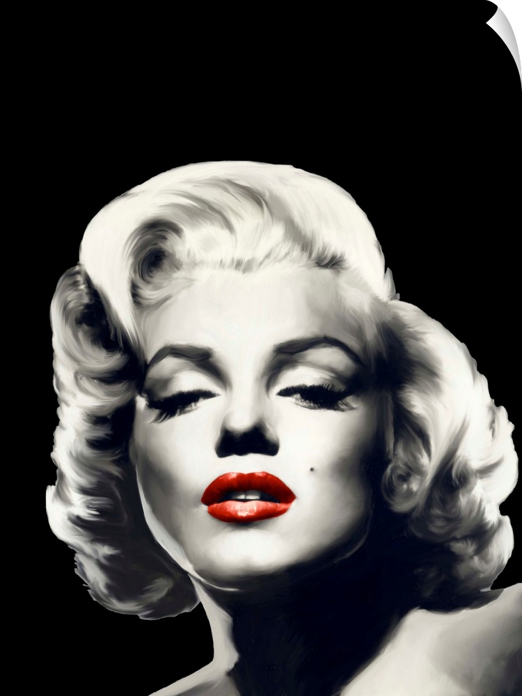 Black and white image of Marilyn Monroe with tinted red lips.