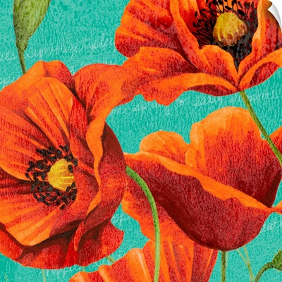 Red Poppies on Teal I