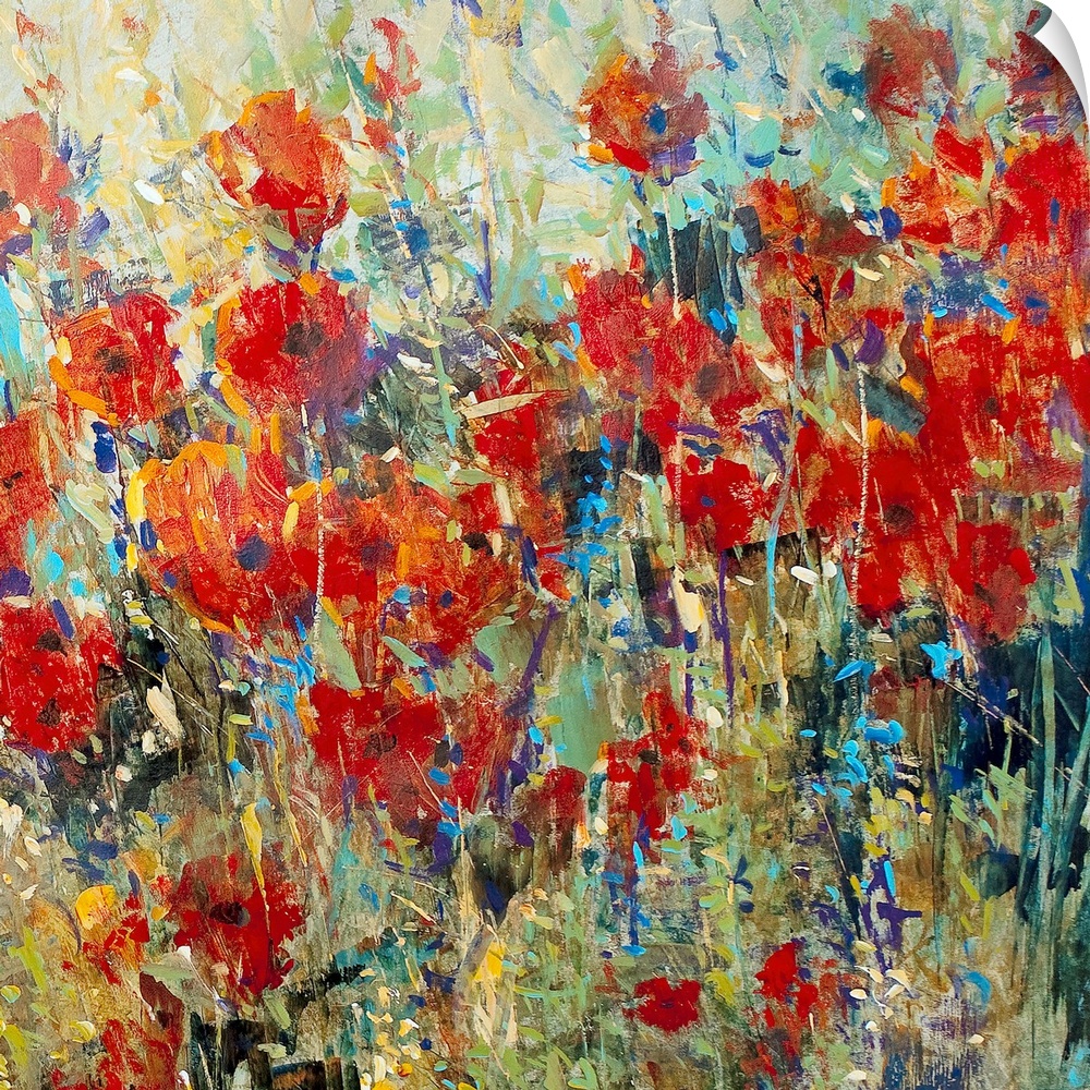 Artwork of a field of red poppies. Rough texture is visible.