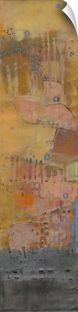 This painted contemporary artwork resembles rusting metal that has stood the test of time in aged oranges, beige and gray ...