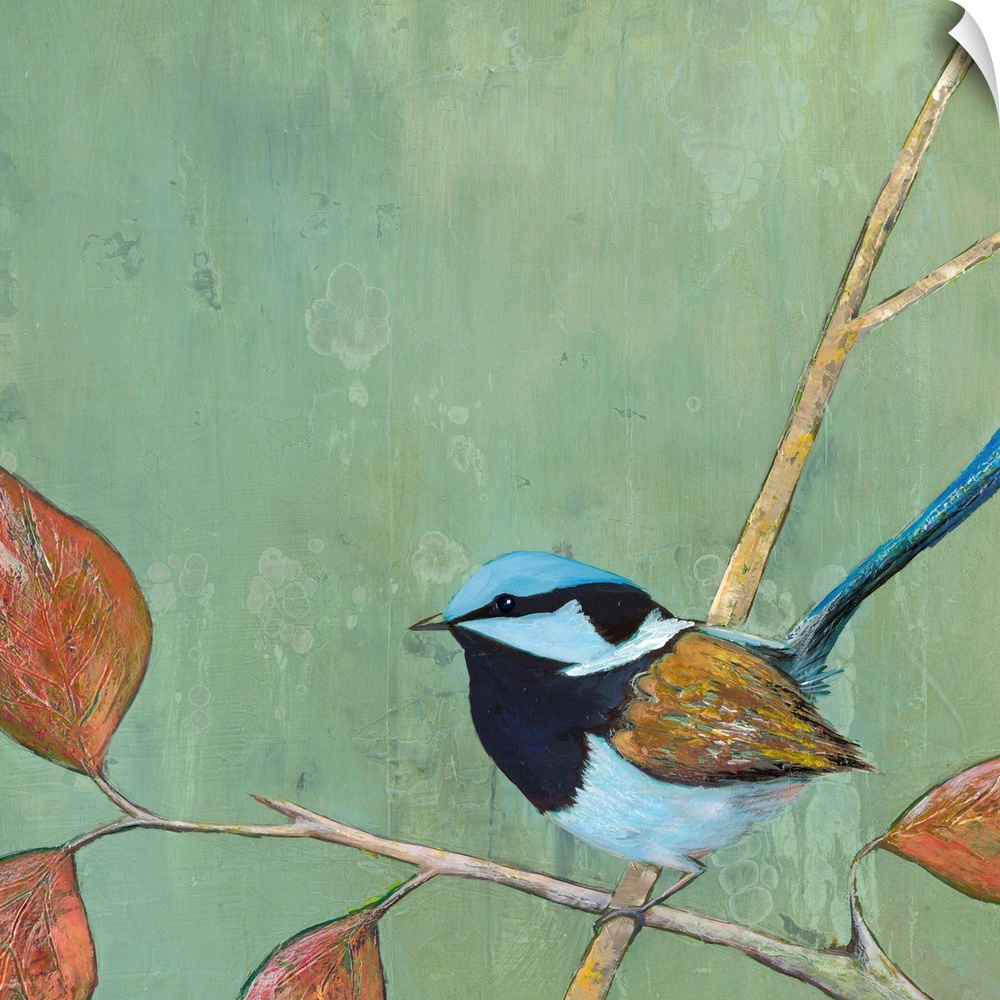 A painting of a garden bird perched on a branch with fall leaves, against a green background.