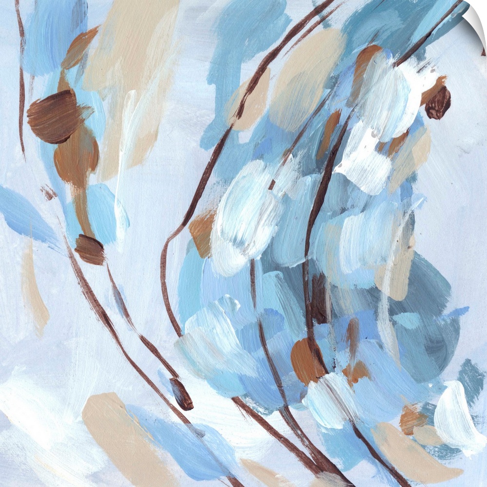 Colorful contemporary abstract painting with short brushstrokes in various shades of blue and brown.