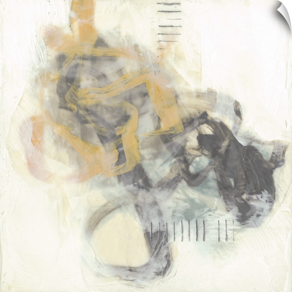 Twisting brush strokes in yellow and gray dance with each other and is accompanied with hash marks in this contemporary ab...