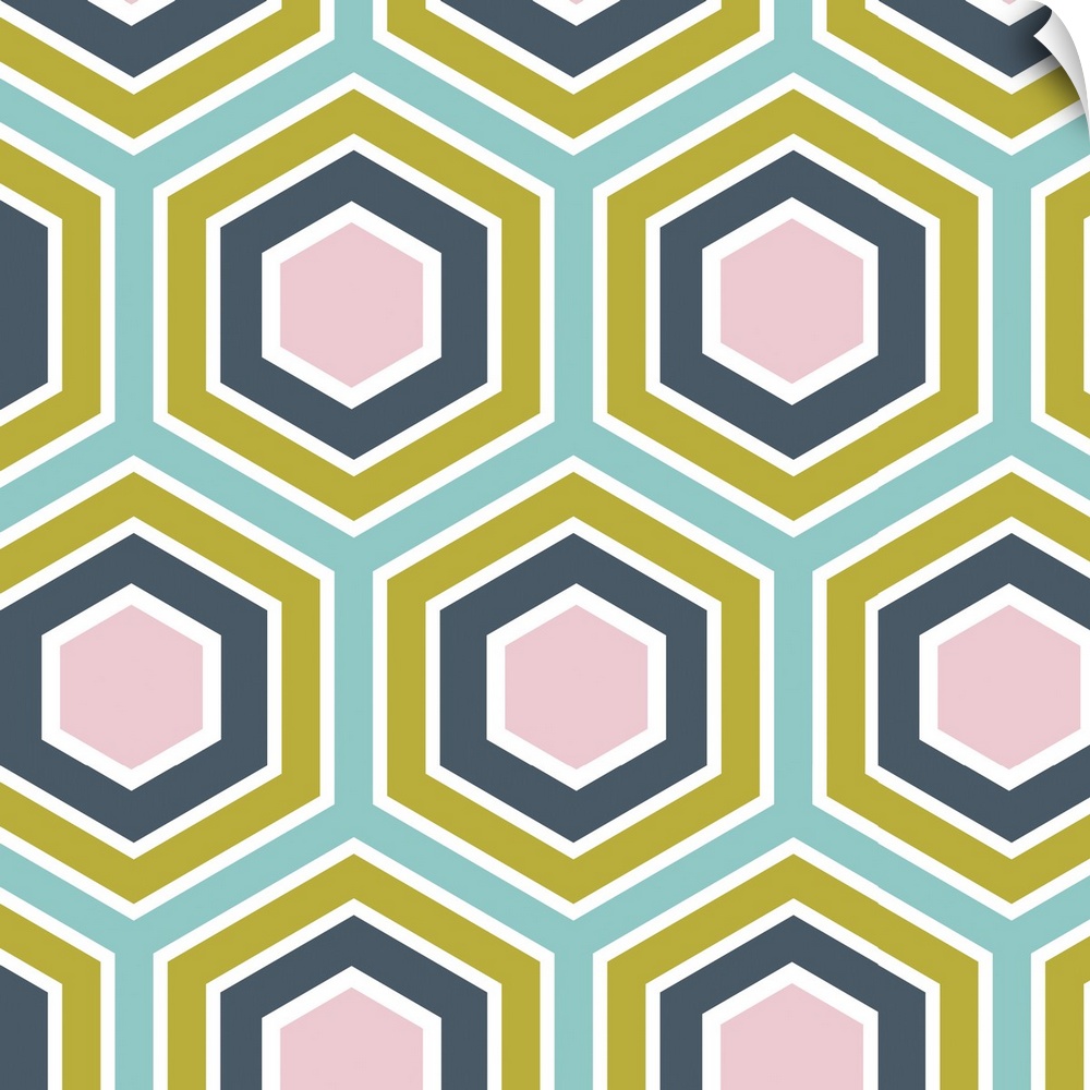 Geometric artwork of hexagons in bright, summer tones.