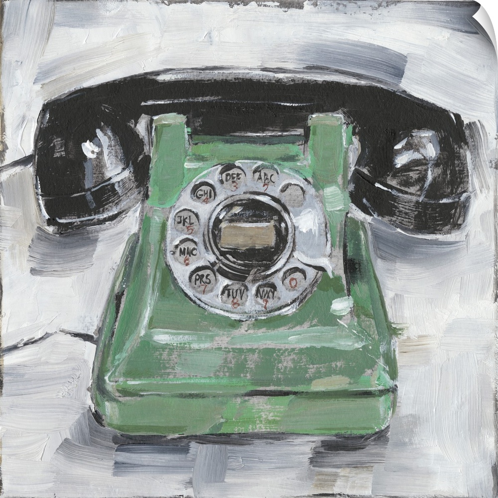 Fun contemporary painting of a retro rotary phone on a neutral background.