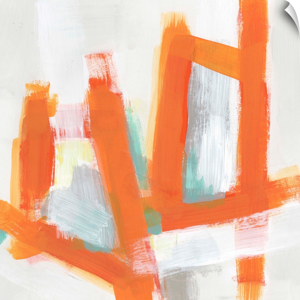 Mid-century inspired abstract painting of broad orange strokes against a neutral background.