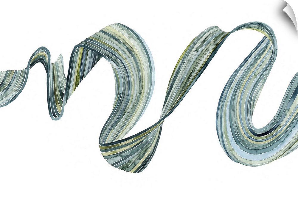 Abstract ribbon artwork created with shades of green and blue on a white background.