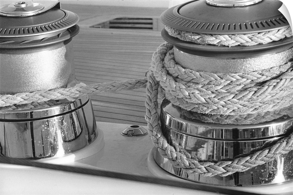 Black and white photograph of a details on a sailboat.