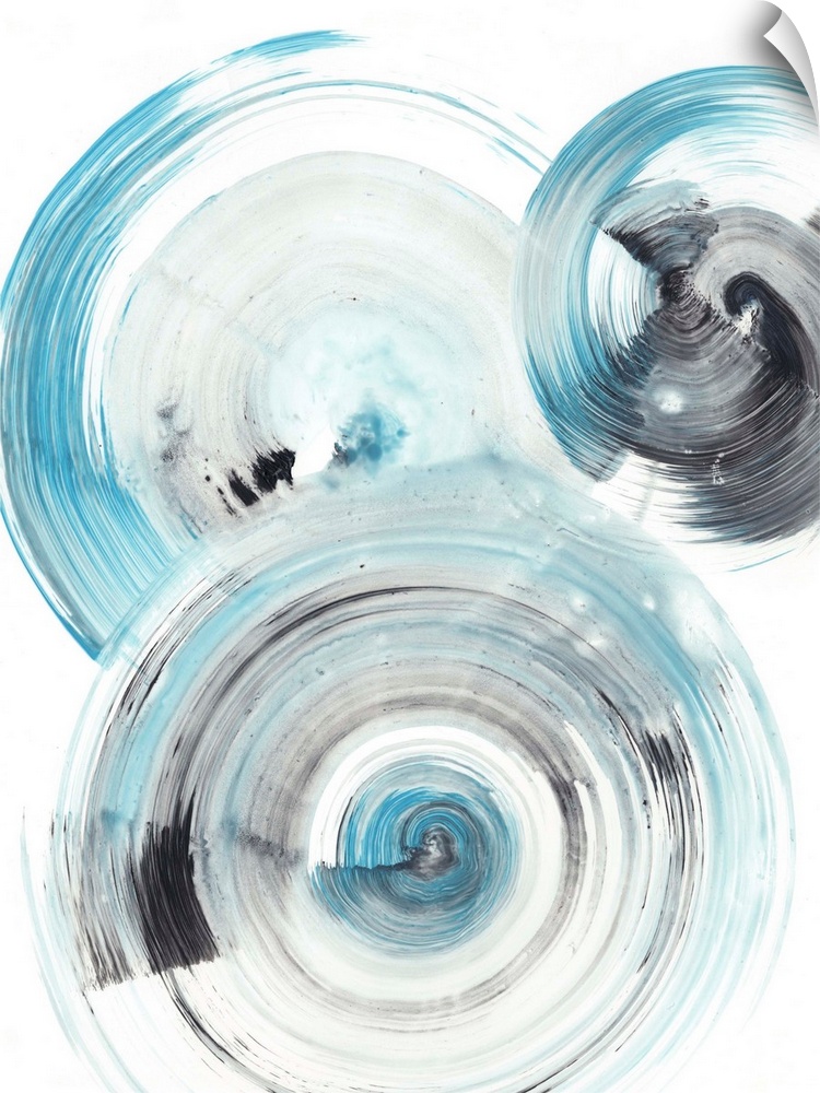 Contemporary abstract painting of circular forms in blue and black reminiscent of the ripple effect of water.
