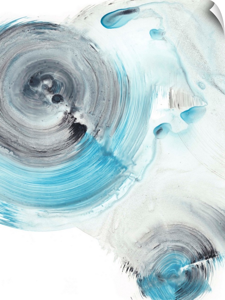 Contemporary abstract painting of circular forms in blue and black reminiscent of the ripple effect of water.