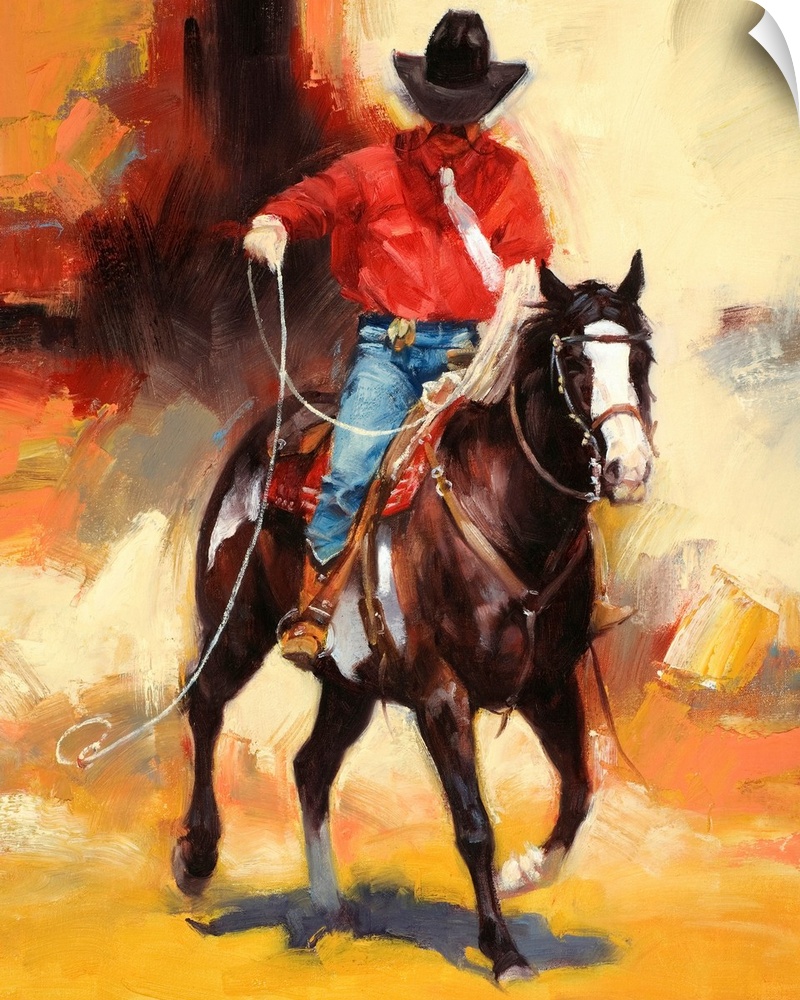 This vertical contemporary painting shows a mustached cowboy riding on a horse performing tricks with his lasso.