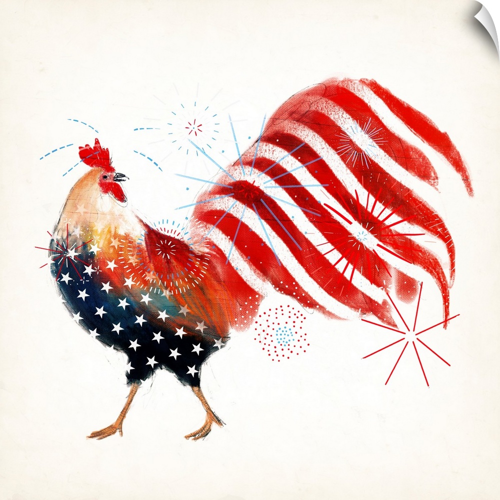 An artistic image of a rooster with an American flag design and firework shapes overlapping.