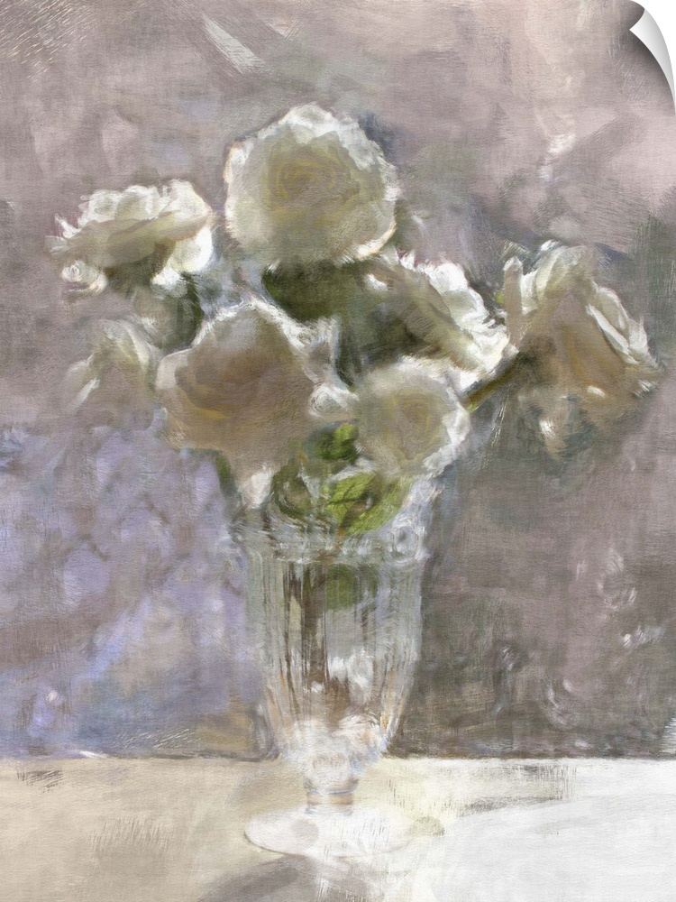 Contemporary painting of a little glass vase holding a small bouquet of white flowers.