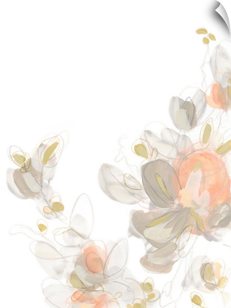 This decorative artwork features soft delicate flowers with transparent painted petals in coral and tan colors over gestur...