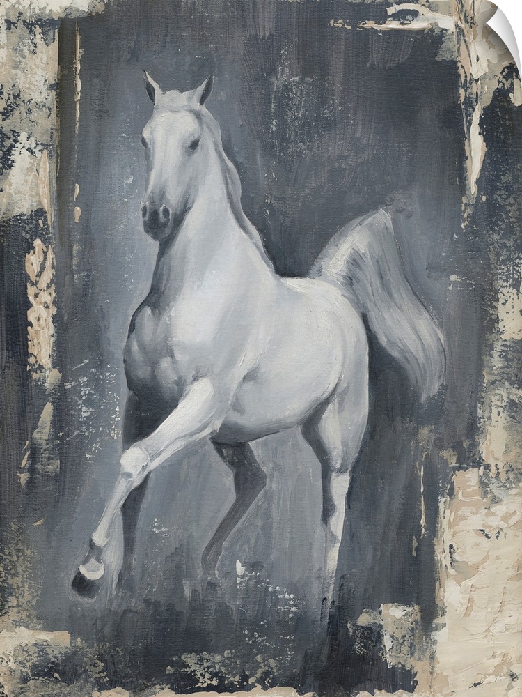 Decorative artwork of a white horse that has a distressed, antique style border around it.