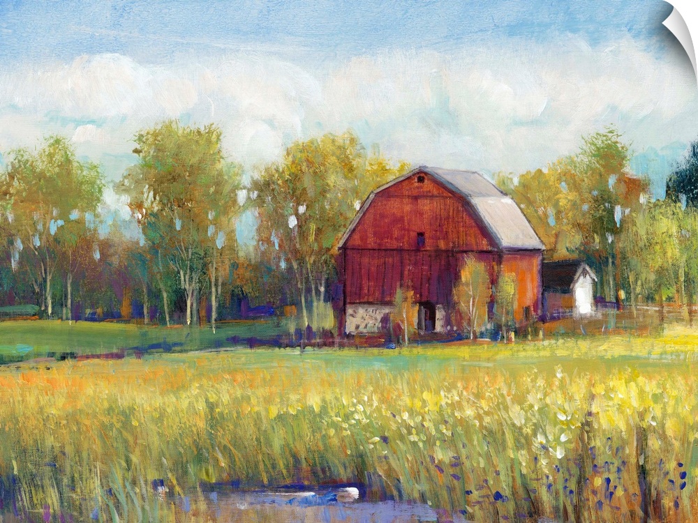 Colorful rural landscape featuring a red barn surrounded by lush, green vegetation.