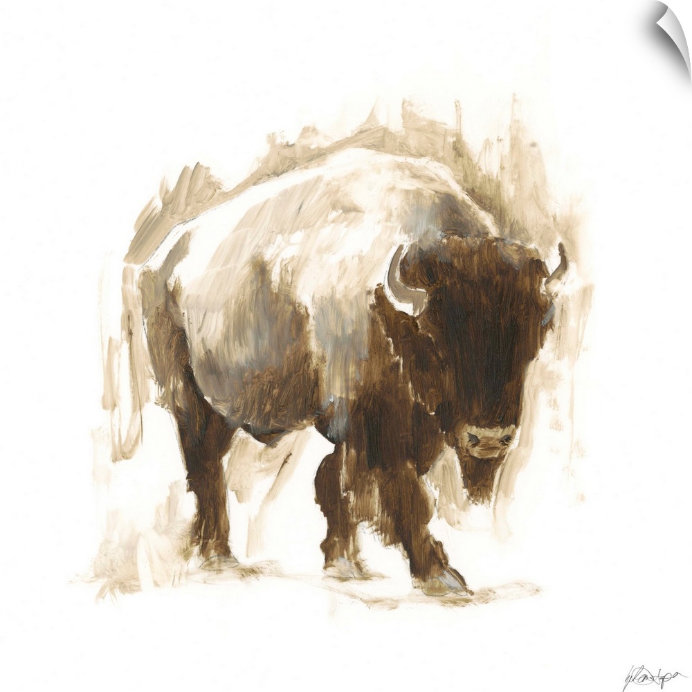 Contemporary portrait of a buffalo in various brown hues.