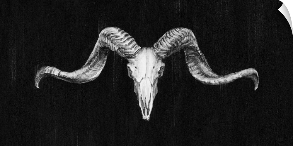 Contemporary artwork of a ram skull against a dark background.
