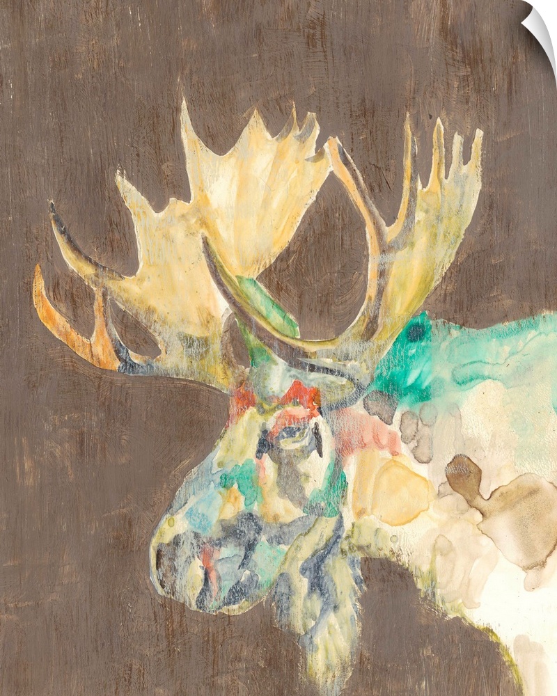 Contemporary portrait of a moose with large antlers.