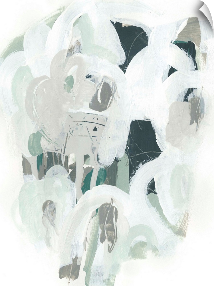 Pops of green color peek through circular white brush strokes over a white background.