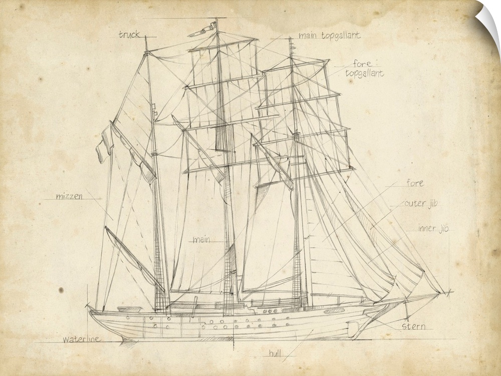 Sketched diagram of a large sailing ship with huge sails.