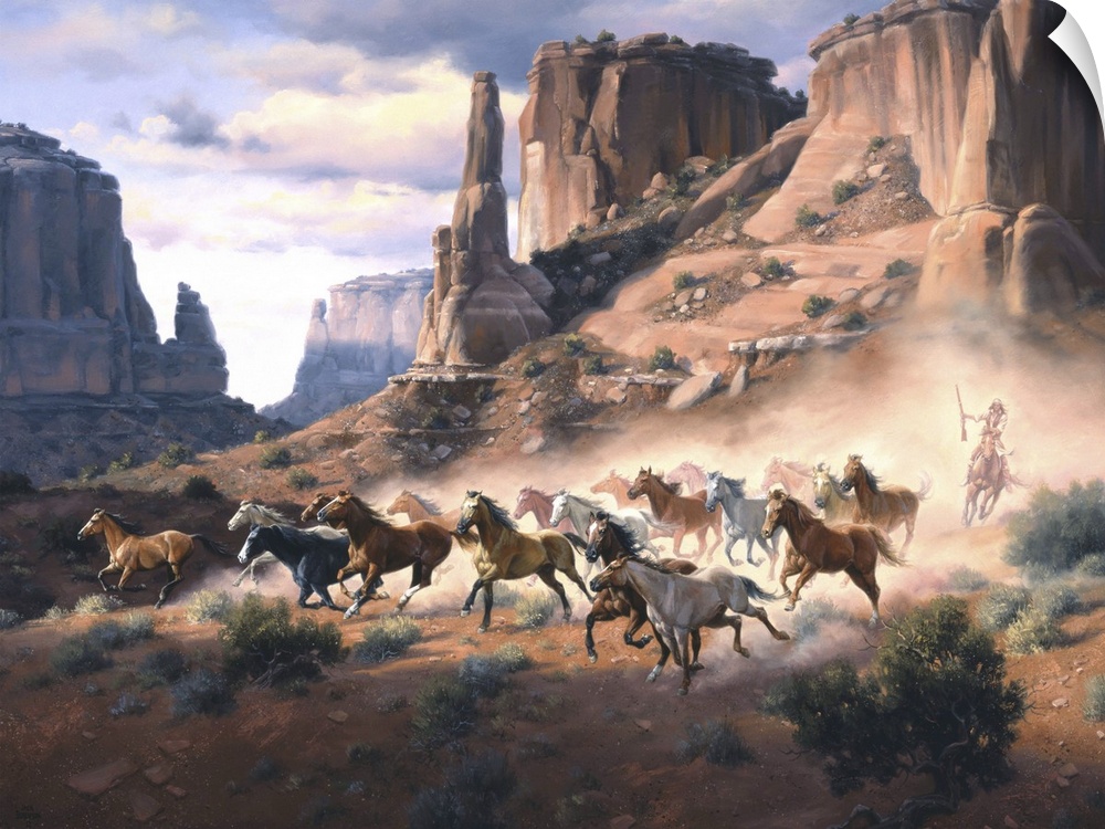 Contemporary Western artwork of a stampeding herd of horses kicking up dust in a rocky desert canyon.
