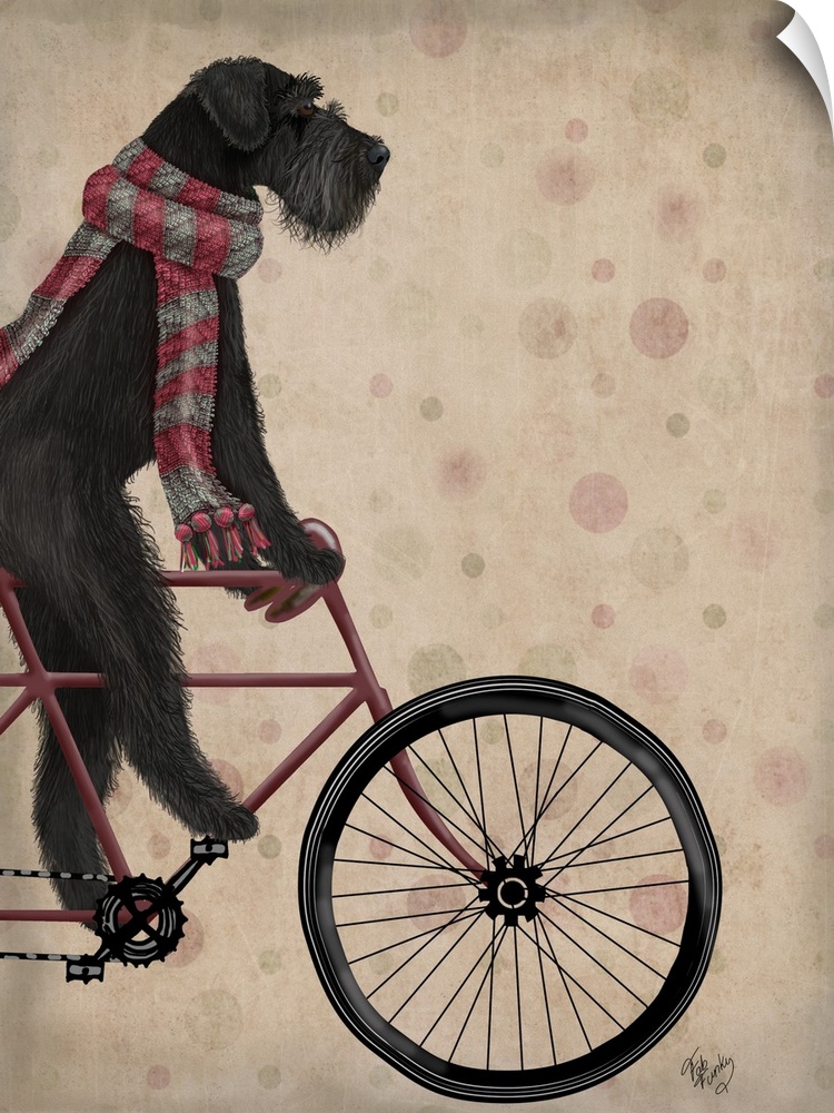 Decorative artwork of a black Schnauzer riding on a red bicycle and wearing a matching scarf.
