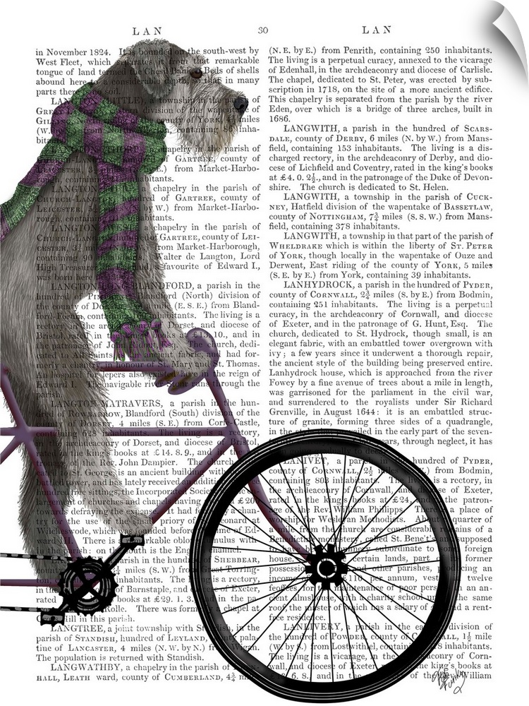 Decorative artwork with a Schnauzer wearing a scarf and riding on a bicycle, painted on the page of a book.