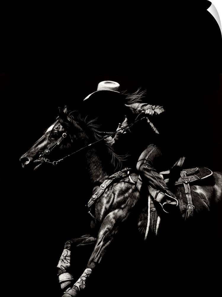 Black and white lifelike illustration of a cowboy riding a horse.