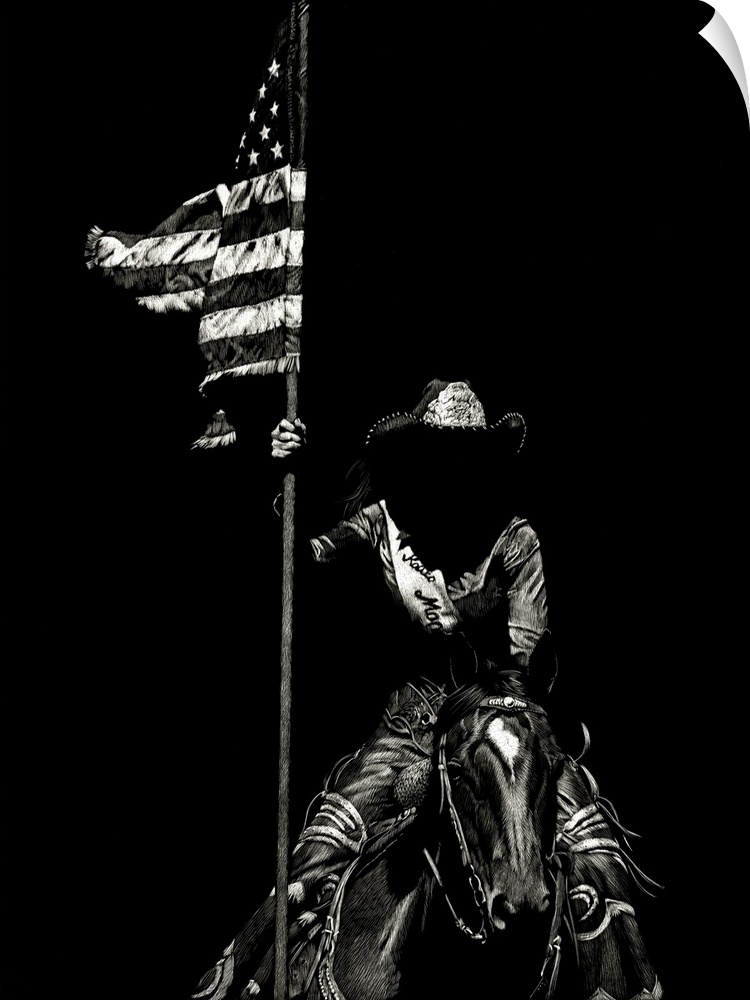 Black and white lifelike illustration of a cowboy holding an American flag while sitting on the back of a horse.
