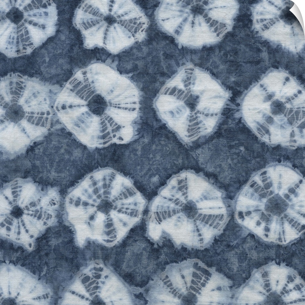 Artistic design of rows of a tie-dye pattern in white on a blue background.