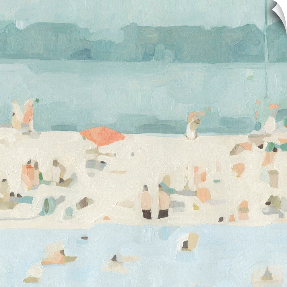 A chunky, abstracted painting of beach goers on a sandbar, painted in a pleasing palette of blueish-green hues.