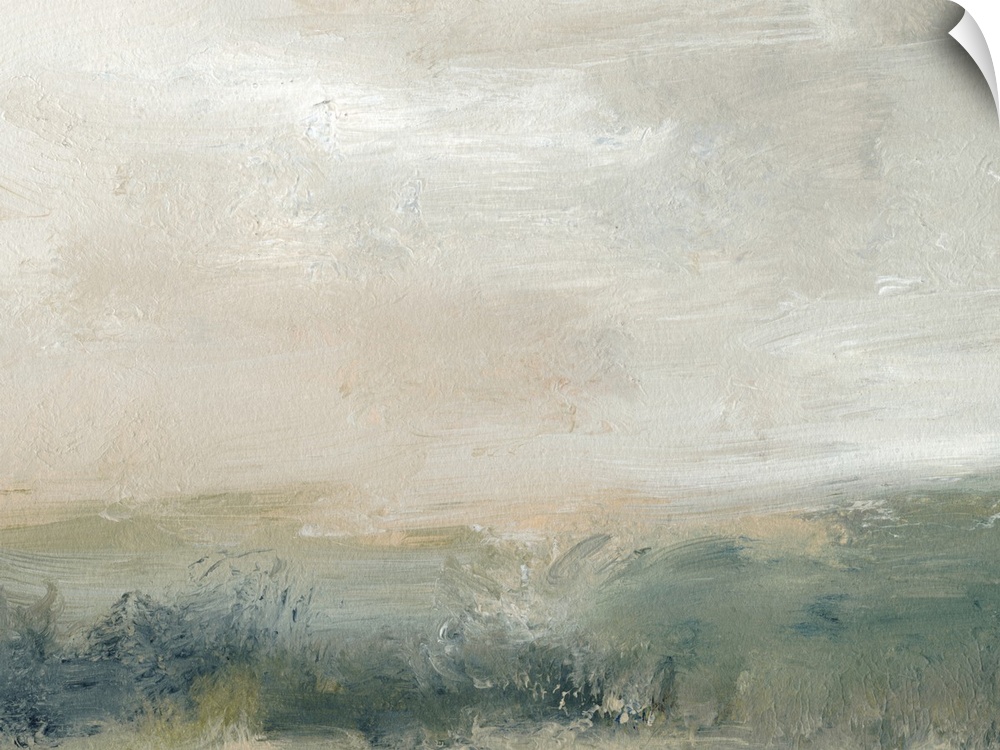 A muted abstract landscape in tones of green and gray.