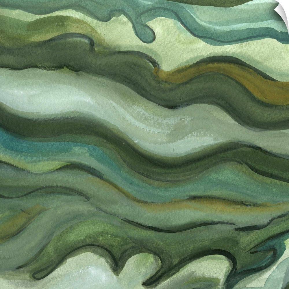 Contemporary abstract painting using tones of green resembling a cross section of stone.