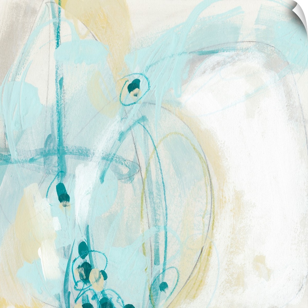 Abstract contemporary artwork in swirling shades of pale blue, beige, and white.