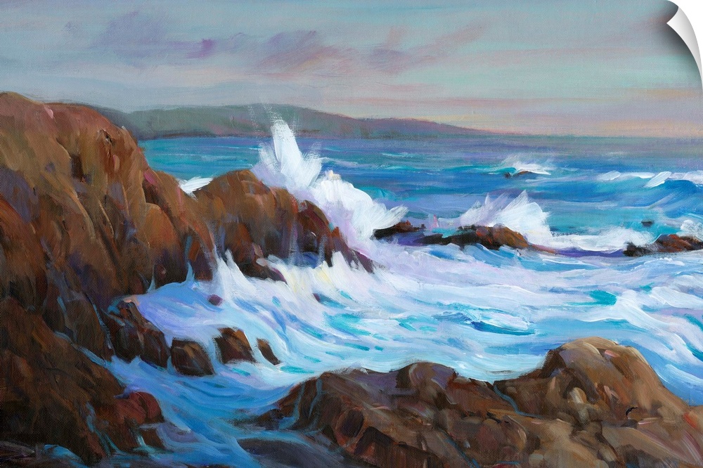 Contemporary seascape painting of waves crashing against a rocky coastline.