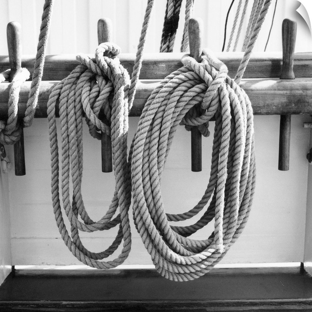 Black and white photograph of details of a sailboat.