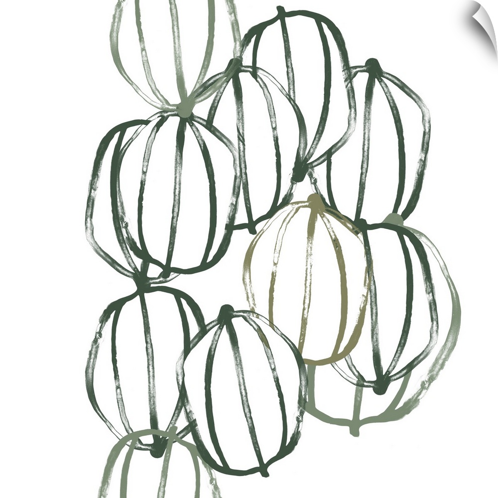 Square contemporary artwork of seed pods in shades of green over a white background.