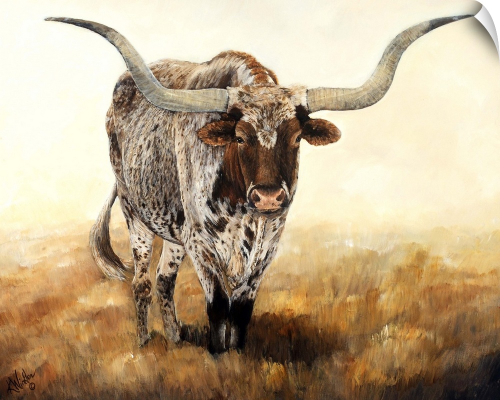 Horizontal contemporary artwork of a longhorn cow grazing on a field in warm tones.