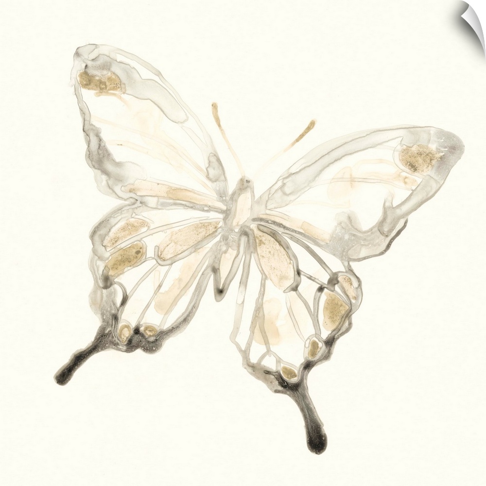 Thin and diluted brushstrokes create the illusion of an x-ray of a butterfly in this contemporary painting.