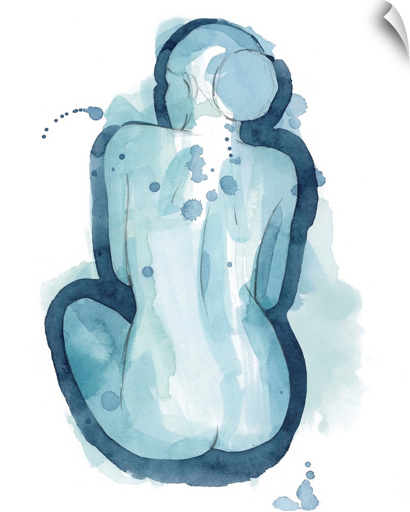 Contemporary abstract figurative painting in blue watercolor.