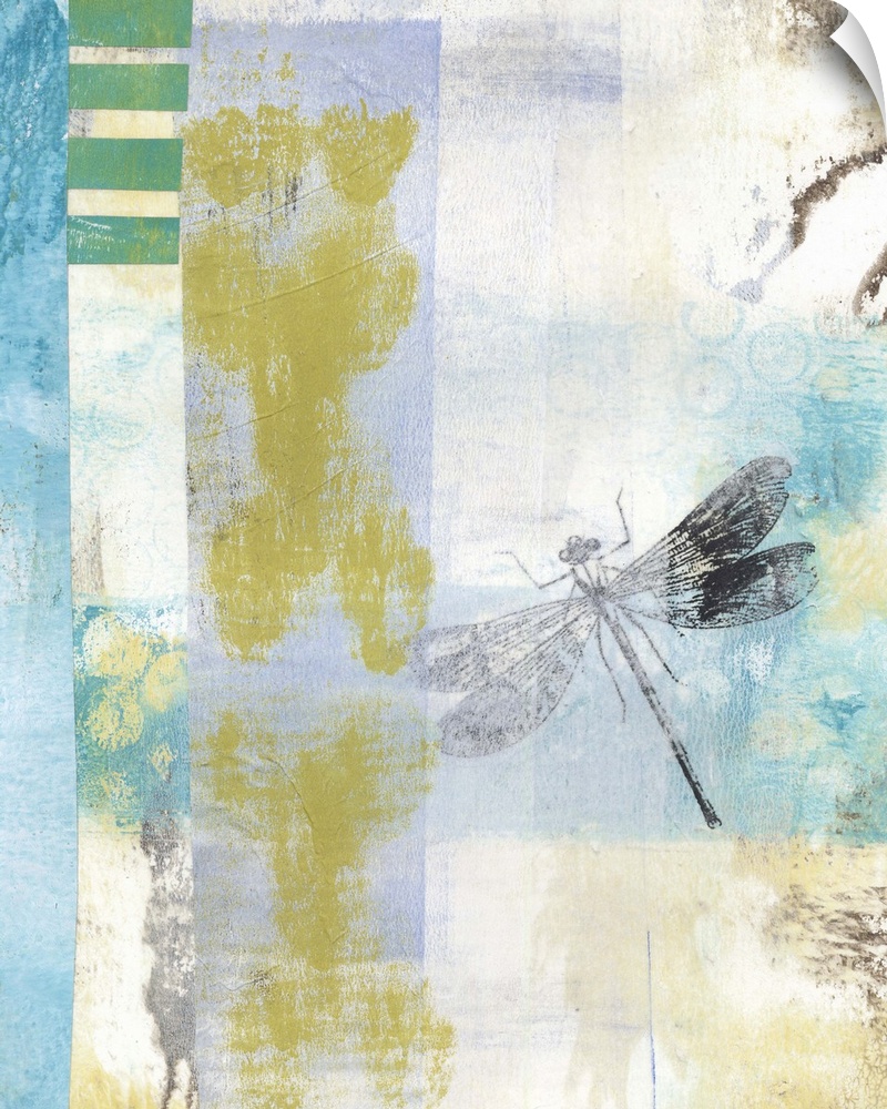 Abstract painting in blue shades embellished with a vintage dragonfly illustration.