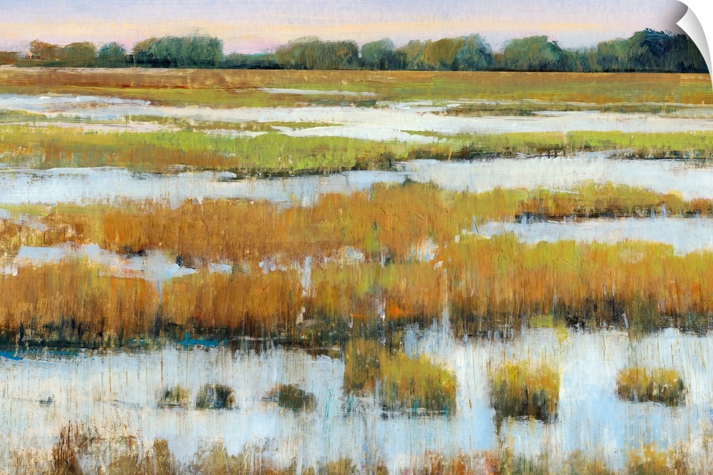 Abstracted landscape painting of a serene marshland.