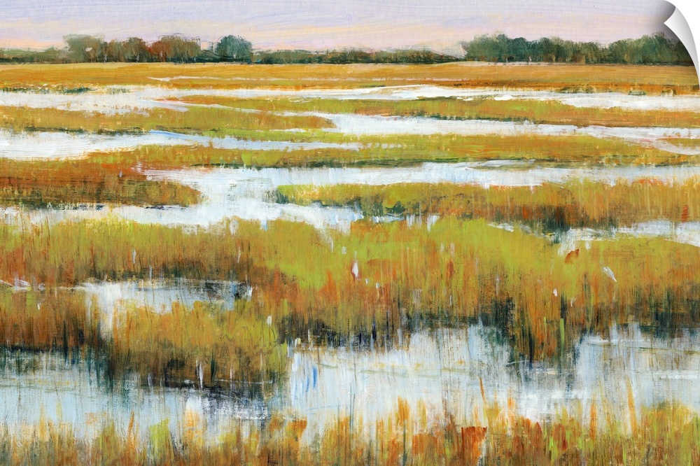 Abstracted landscape painting of a serene marshland.