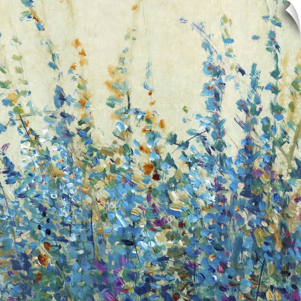 Blue toned contemporary painting of flowers.