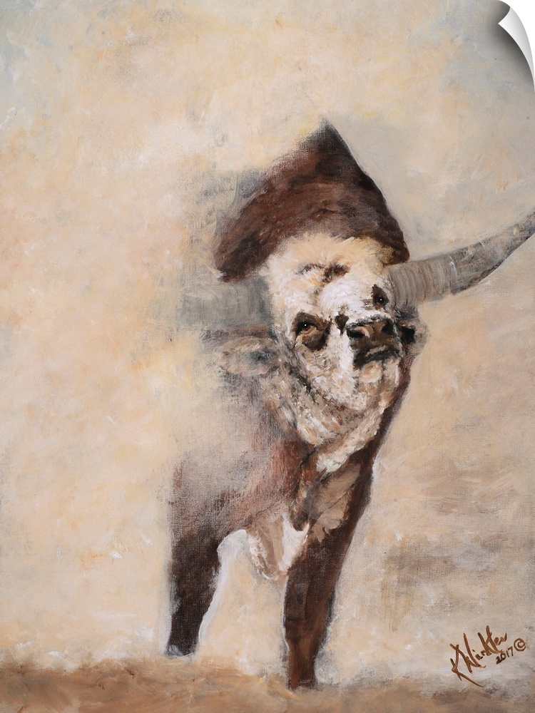 Energetic brush strokes and warm tones craft a longhorn cow kicking up dirt in a dusty landscape.