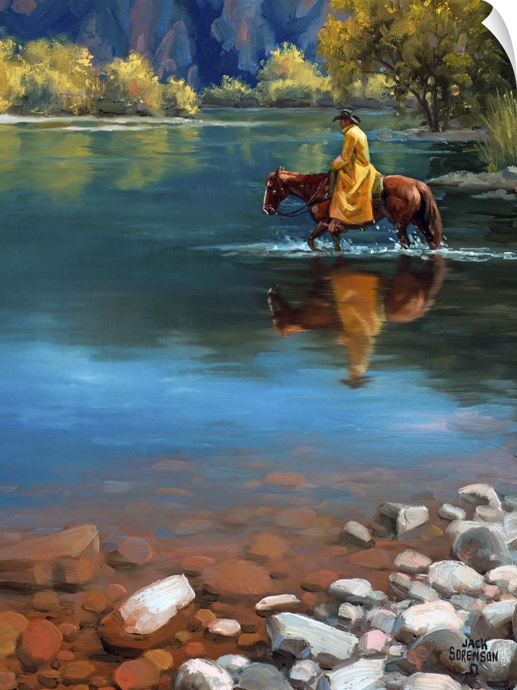 Contemporary Western artwork of a figure on horseback in a shallow stream.